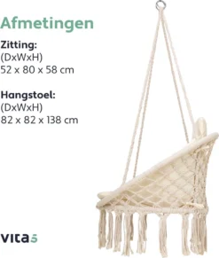 Vita5 Macramé Hangstoel - Voor Binnen En Buiten - Zonder Standaard - Incl. Kussen, Boekenvak En Beschermhoes - Tot 150kg - Beige -Tuinwereld Verkoop 1020x1200