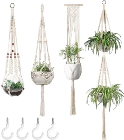4 Stuks Plantenhangers - Boho Handgeweven Katoen Hangpot Voor Binnen/Buiten - Bloempot Met Kralen - Macramé Touw/Koord Hangplant Houder - Bohemian Wandhanger Decoratie - Verticale Tuin Plant Hanger Bloempothouder Planthanger Wit -Tuinwereld Verkoop 1068x1200 4