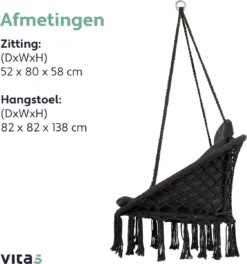 Vita5 Macramé Hangstoel - Voor Binnen En Buiten - Zonder Standaard - Incl. Kussen, Boekenvak En Beschermhoes - Tot 150kg - Zwart -Tuinwereld Verkoop 1124x1200 1