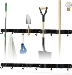 Bezem Ophangsysteem – Bezemhouder – Tuingereedschap – RVS – 5 Houders – 6 Haken - BAULK®