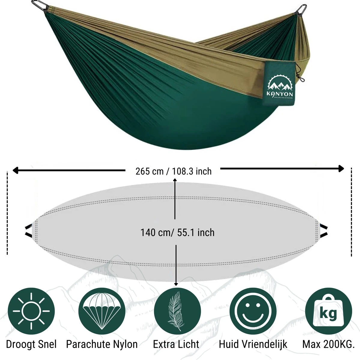 Kanyon Hangmat - Incl. Karabijnhaken En Riemen - Licht Parachutestof - 260 X 140 Cm - Tot 200kg - Groen/Khaki 2 Kanyon Hangmat - Incl. Karabijnhaken En Riemen - Licht Parachutestof - 260 X 140 Cm - Tot 200kg - Groen/Khaki - Afbeelding 2
