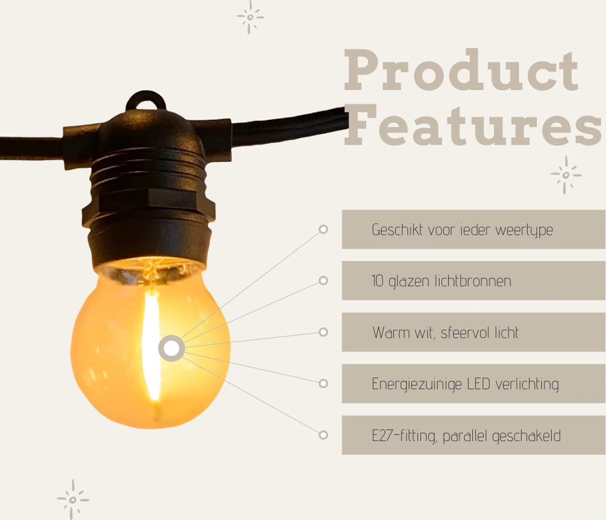 A Sunny Day Lichtsnoer Buiten - 10 Meter Inclusief 10 LED Lampen - 10 Meter Lichtsnoer Voor Buiten + 2 Meter Aansluitsnoer - Prikkabel - Priklicht - Lichtsnoer - 10 LED Lampen - E27 Fitting - Verlengbaar - Lichtsnoer Binnen 3 A Sunny Day Lichtsnoer Buiten - 10 Meter Inclusief 10 LED Lampen - 10 Meter Lichtsnoer Voor Buiten + 2 Meter Aansluitsnoer - Prikkabel - Priklicht - Lichtsnoer - 10 LED Lampen - E27 Fitting - Verlengbaar - Lichtsnoer Binnen - Afbeelding 3