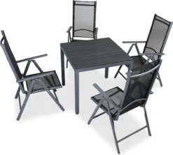 Tuinset 4 + 1 Klapstoelen Tuintafel – Aluminium 80x80cm - Grijs -Tuinwereld Verkoop 1200x1080