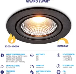 Ledisons LED Inbouwspots Zwart Met Driver - Dimbaar Kantelbaar IP54 3W 2700K Warm Wit Licht 240V 60 Stralingshoek >90 CRI Traploos Dimmen - Vivaro Zwart - Slechts 23MM Inbouwdiepte! 5 Jaar Garantie Energieverbruik: A++ -Tuinwereld Verkoop 1200x1160 5