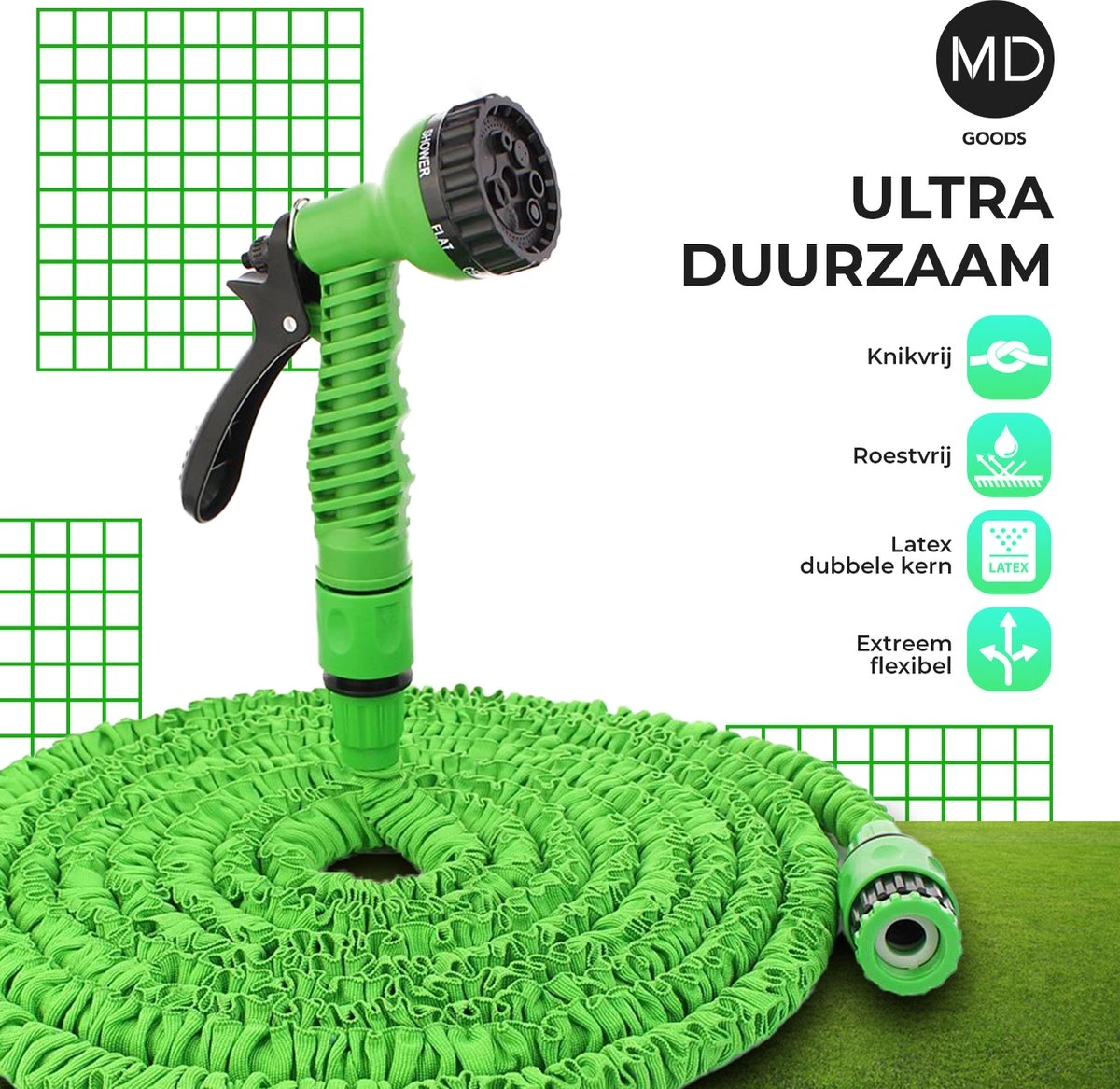 Uitrekbare Tuinslang Tot 15 Meter Van MD-goods ® - Tuinsproeier - Tuin Besproeien - Waterslang - Sproeikop - Groen - Flexibel Elastisch 2 Uitrekbare Tuinslang Tot 15 Meter Van MD-goods ® - Tuinsproeier - Tuin Besproeien - Waterslang - Sproeikop - Groen - Flexibel Elastisch - Afbeelding 2