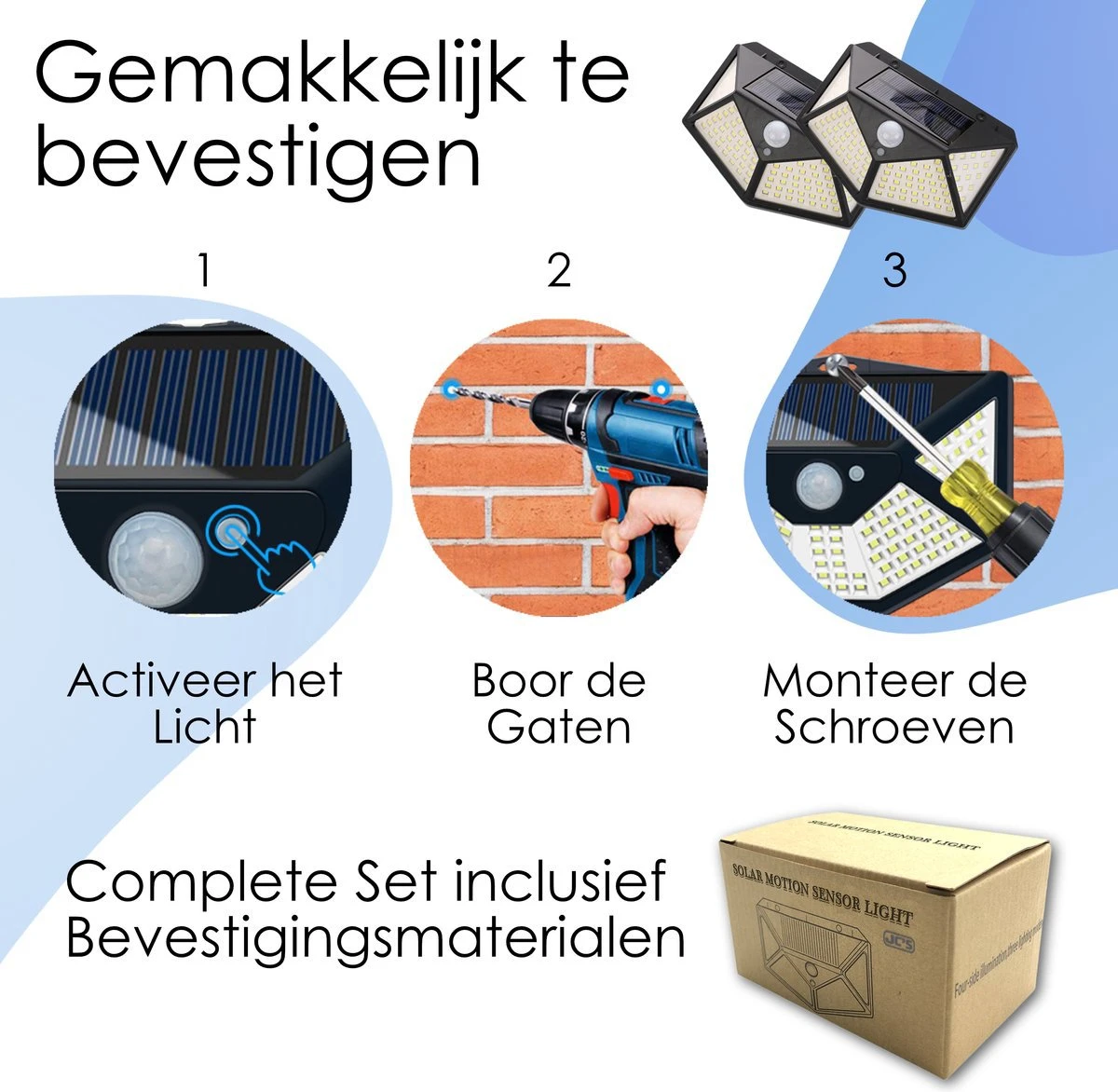 JC's - Solar Buitenlamp Bewegingssensor - 2 STUKS - 100 LED - Solar Wandlamp - Buiten & Tuin Sensor - Buitenverlichting Op Zonne-energie 7 JC's - Solar Buitenlamp Bewegingssensor - 2 STUKS - 100 LED - Solar Wandlamp - Buiten & Tuin Sensor - Buitenverlichting Op Zonne-energie - Afbeelding 7