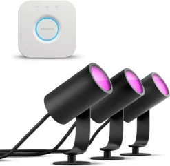 Philips Hue Lily Tuinspot Starterspakket Met Hue Bridge - Prikspot White And Color Ambiance - Prikspots Voor Buiten - Tuinverlichting - 3 Spots - Zwart