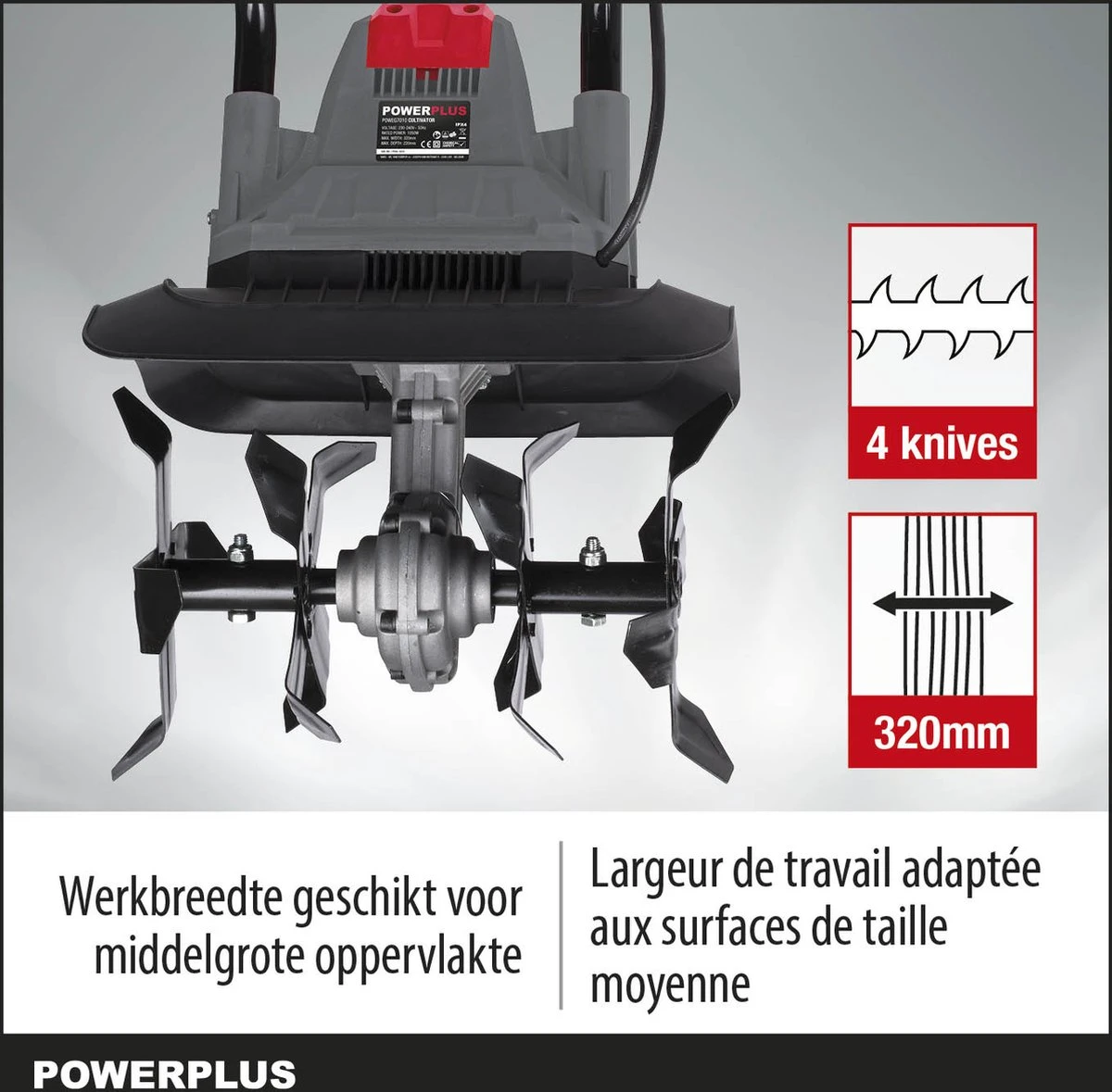 Powerplus POWEG7010 Tuinfrees - 1050W - Werkbreedte 320mm - Werkdiepte Max. 220mm - Incl. 4 Messen 5 Powerplus POWEG7010 Tuinfrees - 1050W - Werkbreedte 320mm - Werkdiepte Max. 220mm - Incl. 4 Messen - Afbeelding 5