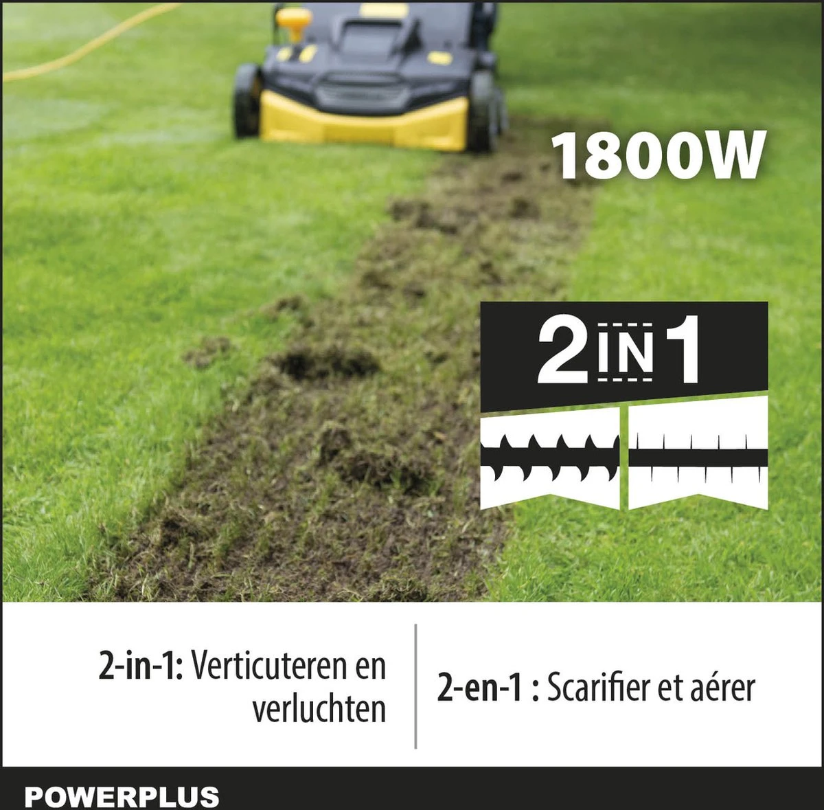Powerplus POWXG7516 Elektrische Verticuteermachine - Mos Verwijderaar - 1800W - 360mm Maaibreedte- 45L Opvangbak - Incl. Gazonbeluchter/grasbeluchter 2 Powerplus POWXG7516 Elektrische Verticuteermachine - Mos Verwijderaar - 1800W - 360mm Maaibreedte- 45L Opvangbak - Incl. Gazonbeluchter/grasbeluchter - Afbeelding 2