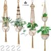 4 Stuks Luxe Jute Plantenhangers - Boho Handgeweven Katoen Hangpot Voor Binnen/Buiten - Hangende Bloempot Met Kralen - Macramé Touw/Koord Hangplant Houder - Bohemian Wandhanger Decoratie - Plant Hanger - Verticale Tuin Bloempothouder Planthanger