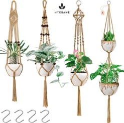 4 Stuks Luxe Jute Plantenhangers - Boho Handgeweven Katoen Hangpot Voor Binnen/Buiten - Hangende Bloempot Met Kralen - Macramé Touw/Koord Hangplant Houder - Bohemian Wandhanger Decoratie - Plant Hanger - Verticale Tuin Bloempothouder Planthanger