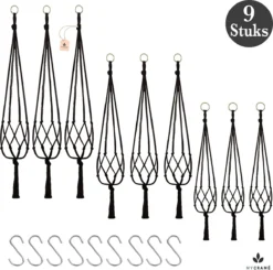 9 Stuks Zwart Macrame Plantenhangers - Boho Handgeweven Katoen Hangpot Voor Binnen/Buiten - Hangende Bloempot Met Kralen - Macramé Touw/Koord Hangplant Houder - Bohemian Wandhanger Decoratie - Plant Hanger - Verticale Tuin Bloempothouder Planthanger