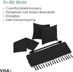 Vita5 XXL Hangstoel - Binnen&Buiten Hangnest - Incl. 2 Kussens En Boekenvak - Volwassenen&Kinderen - Hangmatstoel Tot 225kg - Zwart -Tuinwereld Verkoop 1200x1194
