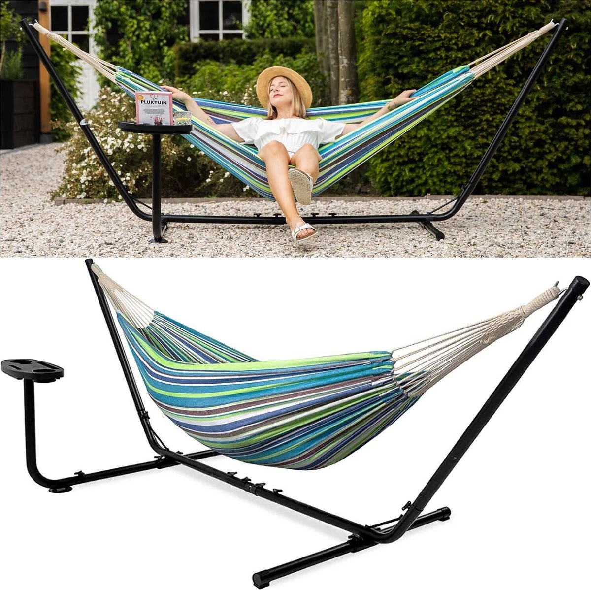 Vita5 Hangmat Met Standaard – 2 Persoons – Incl. Bekerhouder – 205kg Draaggewicht – Groen/Blauw 1 Vita5 Hangmat Met Standaard – 2 Persoons – Incl. Bekerhouder – 205kg Draaggewicht – Groen/Blauw