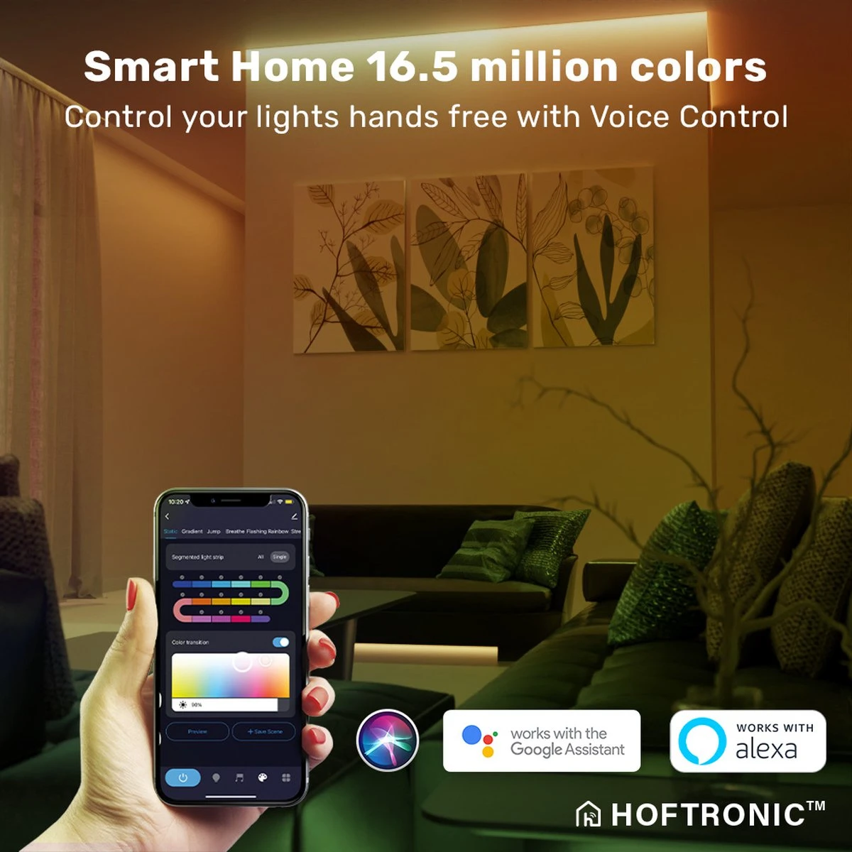 HOFTRONIC - Smart LED Strip 5m - RGB Flow Colors - WiFi + Bluetooth - 16,5 Miljoen Kleuren Met 120 LEDs - Music Sync - Met Afstandsbediening - Zelfklevend - Voor Google Home, Amazon Alexa En Siri 2 HOFTRONIC - Smart LED Strip 5m - RGB Flow Colors - WiFi + Bluetooth - 16,5 Miljoen Kleuren Met 120 LEDs - Music Sync - Met Afstandsbediening - Zelfklevend - Voor Google Home, Amazon Alexa En Siri - Afbeelding 2