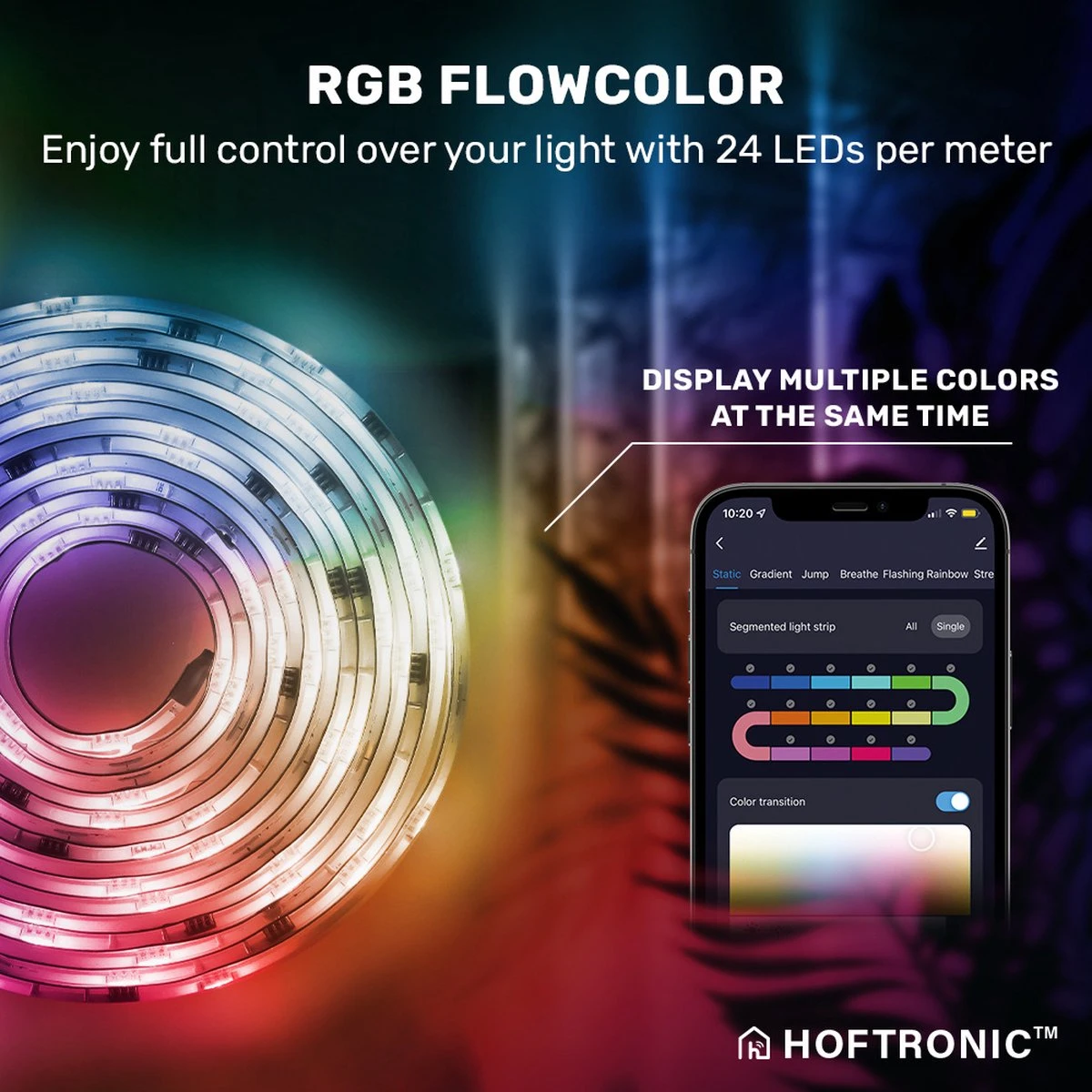 HOFTRONIC - Smart LED Strip 5m - RGB Flow Colors - WiFi + Bluetooth - 16,5 Miljoen Kleuren Met 120 LEDs - Music Sync - Met Afstandsbediening - Zelfklevend - Voor Google Home, Amazon Alexa En Siri 4 HOFTRONIC - Smart LED Strip 5m - RGB Flow Colors - WiFi + Bluetooth - 16,5 Miljoen Kleuren Met 120 LEDs - Music Sync - Met Afstandsbediening - Zelfklevend - Voor Google Home, Amazon Alexa En Siri - Afbeelding 4