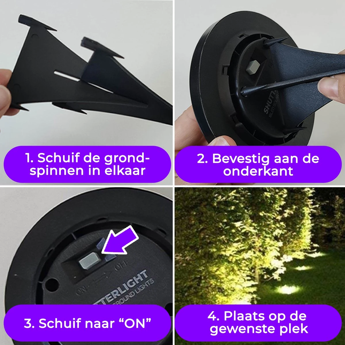 Shutterlight® 16 LED Solar Grondspot - Tuinverlichting - Zonlichtsensor - Zonne-energie - Matte Zwart - Warm Wit Licht - 4 Stuks - Buiten 8 Shutterlight® 16 LED Solar Grondspot - Tuinverlichting - Zonlichtsensor - Zonne-energie - Matte Zwart - Warm Wit Licht - 4 Stuks - Buiten - Afbeelding 8