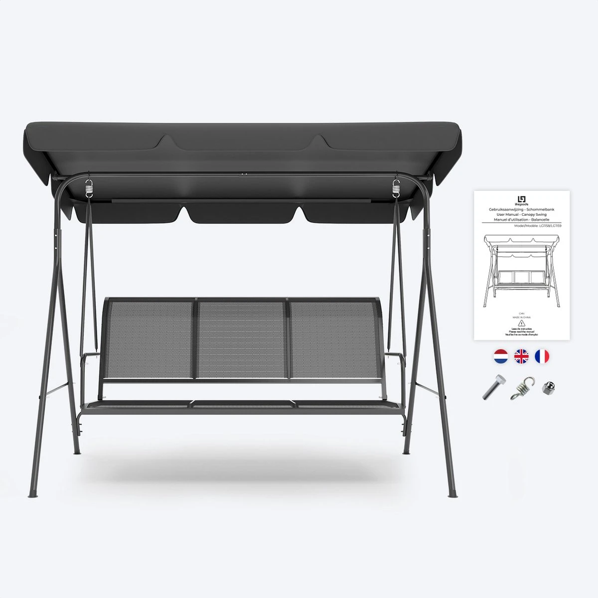 LifeGoods Schommelbank - 3-zits - Tot 250KG - Kantelbaar Dak - UV-bestendig Zonnescherm - 172x104x162cm - Grijs 7 LifeGoods Schommelbank - 3-zits - Tot 250KG - Kantelbaar Dak - UV-bestendig Zonnescherm - 172x104x162cm - Grijs - Afbeelding 7