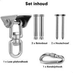 Luxe Ophangsysteem - 180° Schommelen, 360° Roteerbaar - Plafondhaak - Ophanghaak - Hangstoel Buiten - Hangstoel Binnen – Schommelstoel - Schommel - Bokszakken - RVS - Nederlandse Handleiding - -Tuinwereld Verkoop 1200x1200 226