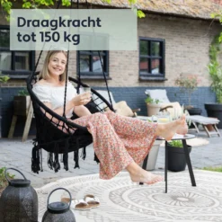 Vita5 Macramé Hangstoel - Voor Binnen En Buiten - Zonder Standaard - Incl. Kussen, Boekenvak En Beschermhoes - Tot 150kg - Zwart -Tuinwereld Verkoop 1200x1200 230
