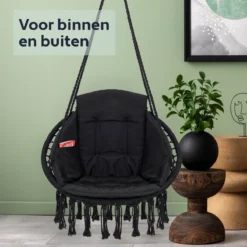 Vita5 Macramé Hangstoel - Voor Binnen En Buiten - Zonder Standaard - Incl. Kussen, Boekenvak En Beschermhoes - Tot 150kg - Zwart -Tuinwereld Verkoop 1200x1200 231