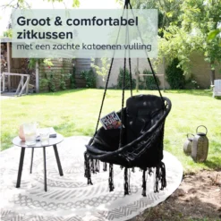 Vita5 Macramé Hangstoel - Voor Binnen En Buiten - Zonder Standaard - Incl. Kussen, Boekenvak En Beschermhoes - Tot 150kg - Zwart -Tuinwereld Verkoop 1200x1200 232