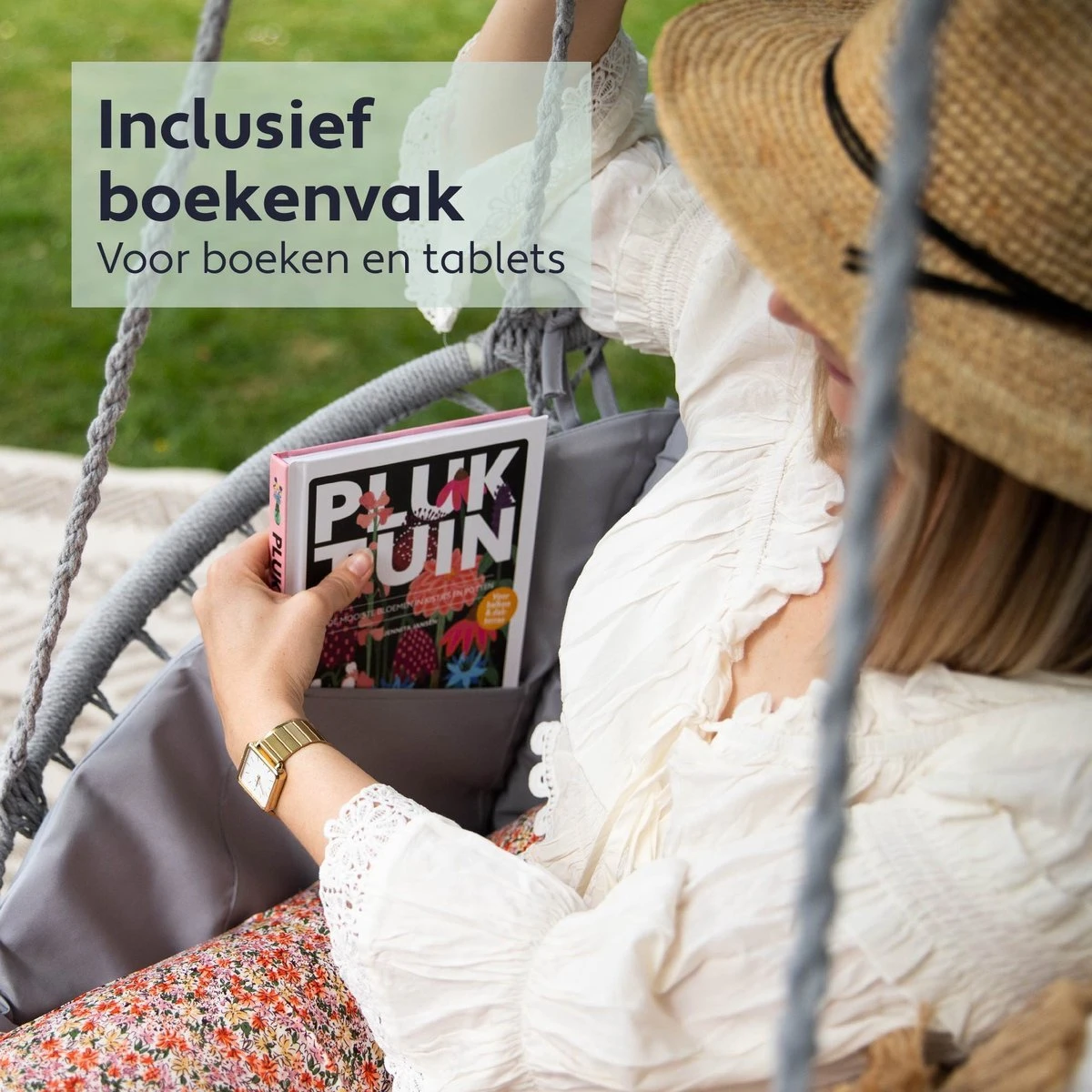 Vita5 Macramé Hangstoel - Voor Binnen En Buiten - Zonder Standaard - Incl. Kussen, Boekenvak En Beschermhoes - Tot 150kg - Grijs 3 Vita5 Macramé Hangstoel - Voor Binnen En Buiten - Zonder Standaard - Incl. Kussen, Boekenvak En Beschermhoes - Tot 150kg - Grijs - Afbeelding 3