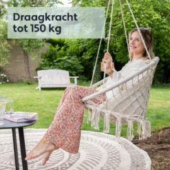 Vita5 Macramé Hangstoel - Voor Binnen En Buiten - Zonder Standaard - Incl. Kussen, Boekenvak En Beschermhoes - Tot 150kg - Beige -Tuinwereld Verkoop 1200x1200 351