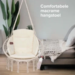 Vita5 Macramé Hangstoel - Voor Binnen En Buiten - Zonder Standaard - Incl. Kussen, Boekenvak En Beschermhoes - Tot 150kg - Beige -Tuinwereld Verkoop 1200x1200 354