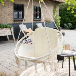 Vita5 Macramé Hangstoel - Voor Binnen En Buiten - Zonder Standaard - Incl. Kussen, Boekenvak En Beschermhoes - Tot 150kg - Beige -Tuinwereld Verkoop 1200x1200 355