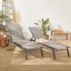 ELSA - Set Van 2 Ligstoelen Van Aluminium En Textileen, Ligbed Multipositioneel Met Wieltjes, Kleur Antraciet/donkergrijs