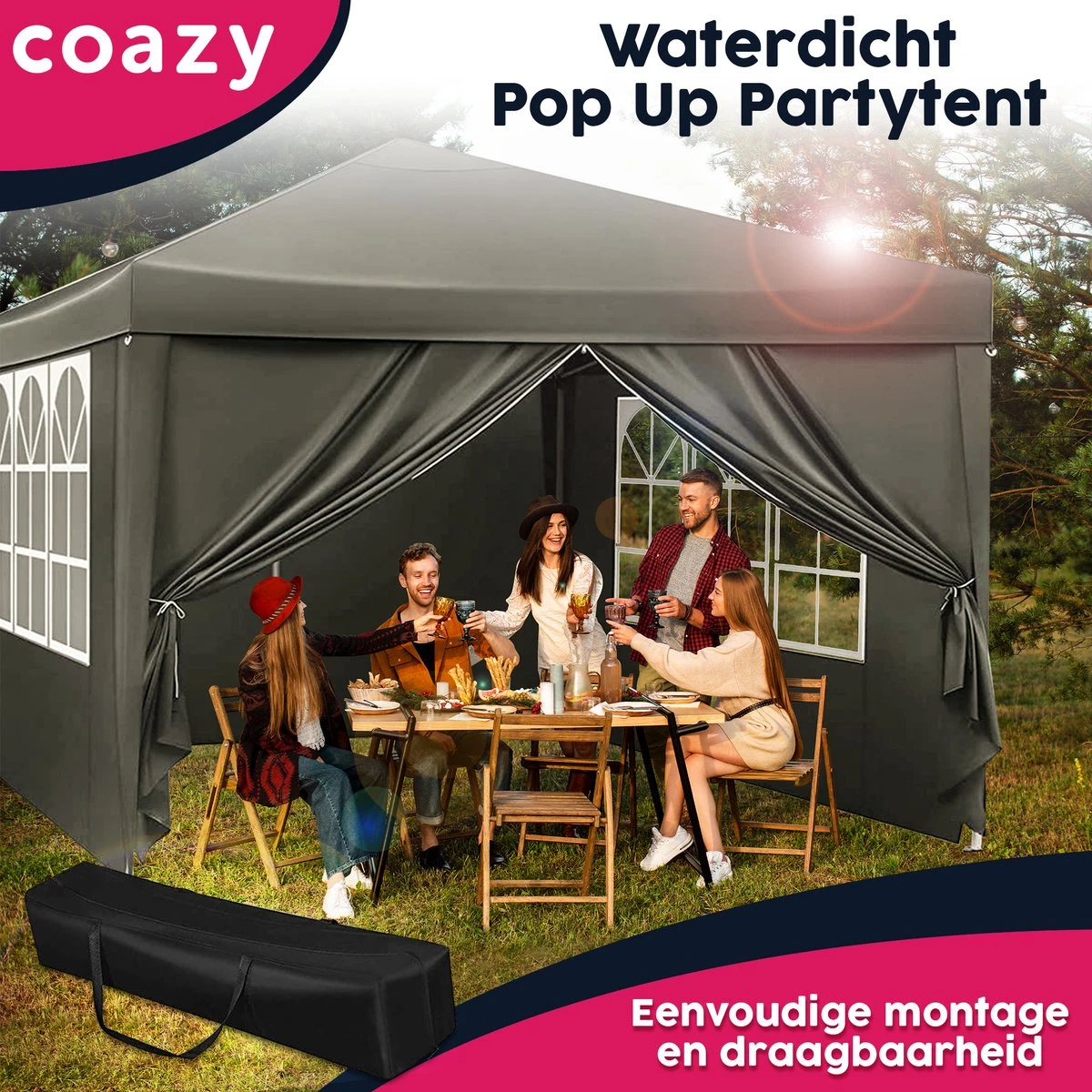 Waterdichte Partytent 3x3 Meter Opvouwbaar Met Zijwanden- Paviljoen Met Zijpanelen - Easy Up - Pop-up Tent Met Haringen, Touw En Anti Slip Poten 5 Waterdichte Partytent 3x3 Meter Opvouwbaar Met Zijwanden- Paviljoen Met Zijpanelen - Easy Up - Pop-up Tent Met Haringen, Touw En Anti Slip Poten - Afbeelding 5