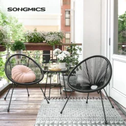 Songmics Balkonmeubilair, Tuinmeubelset, Set Van 3, Zitgroep, Terrasmeubilair, Glazen Tafelblad, 2 Stoelen, Voor Binnen En Buiten, Voor Patio, Tuin, Balkon, Buiten, Zwart GGF013B02 -Tuinwereld Verkoop 1200x1200 677