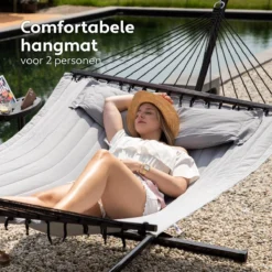 Vita5 Hangmat Met Standaard En Spreidstok – 2 Persoons – Incl. Bekerhouder - Afneembaar Kussen – Uv-bestendig – Lichtgrijs -Tuinwereld Verkoop 1200x1200 917