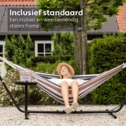 Vita5 Hangmat Met Standaard – 2 Persoons – Incl. Bekerhouder – 205kg Draaggewicht – Blauw/Wit/Bruin -Tuinwereld Verkoop 1200x1200 925