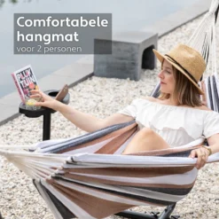 Vita5 Hangmat Met Standaard – 2 Persoons – Incl. Bekerhouder – 205kg Draaggewicht – Blauw/Wit/Bruin -Tuinwereld Verkoop 1200x1200 926