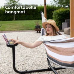 Vita5 Hangmat Met Standaard – 2 Persoons – Incl. Bekerhouder – 205kg Draaggewicht – Blauw/Wit/Bruin -Tuinwereld Verkoop 1200x1200 930