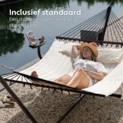 Vita5 Hangmat Met Standaard En Spreidstok – 2 Persoons – Incl. Bekerhouder - Afneembaar Kussen – Uv-bestendig – Beige -Tuinwereld Verkoop 1200x1200 953