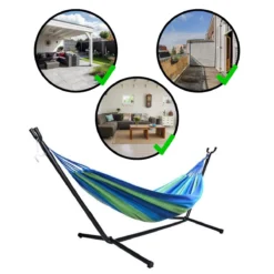 Hangmat Met Standaard En Opbergtas – 2 Persoons – Max. Draaggewicht 200Kg – Hangmatset – Hangmatten – Hang Mat Voor Binnen En Buiten – Hangmatstandaard – Hammock – Blauw / Groen -Tuinwereld Verkoop 1200x1200 971