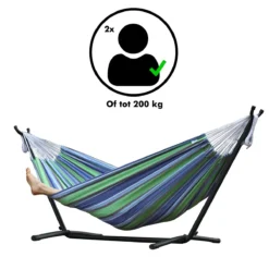 Hangmat Met Standaard En Opbergtas – 2 Persoons – Max. Draaggewicht 200Kg – Hangmatset – Hangmatten – Hang Mat Voor Binnen En Buiten – Hangmatstandaard – Hammock – Blauw / Groen -Tuinwereld Verkoop 1200x1200 973
