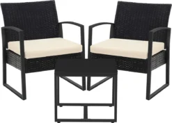 Songmics Tuinmeubelset, 3-delige Set, Van Polyrotan, Voor Outdoor, Terras, Balkon, Tuin, Eenvoudige Montage, Bijzettafel En 2 Stoelen, Zwart-beige