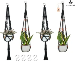 4 Stuks Zwarte Macrame Plantenhangers - Boho Handgeweven Katoen Hangpot Voor Binnen/Buiten - Hangende Bloempot Met Kralen - Macramé Touw/Koord Hangplant Houder - Bohemian Wandhanger Decoratie - Plant Hanger - Verticale Tuin Bloempothouder Planthanger