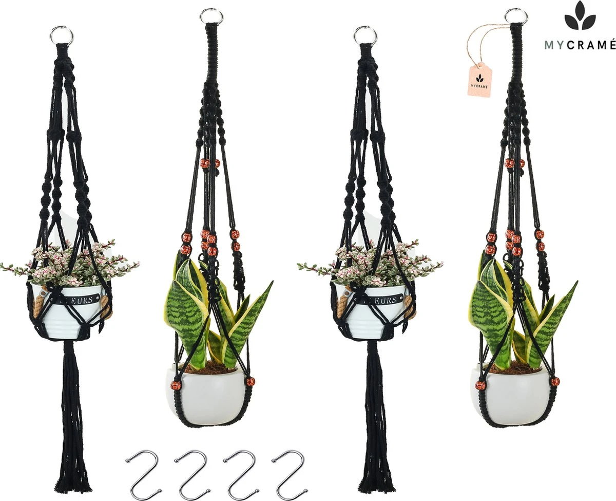 4 Stuks Zwarte Macrame Plantenhangers - Boho Handgeweven Katoen Hangpot Voor Binnen/Buiten - Hangende Bloempot Met Kralen - Macramé Touw/Koord Hangplant Houder - Bohemian Wandhanger Decoratie - Plant Hanger - Verticale Tuin Bloempothouder Planthanger 1 4 Stuks Zwarte Macrame Plantenhangers - Boho Handgeweven Katoen Hangpot Voor Binnen/Buiten - Hangende Bloempot Met Kralen - Macramé Touw/Koord Hangplant Houder - Bohemian Wandhanger Decoratie - Plant Hanger - Verticale Tuin Bloempothouder Planthanger