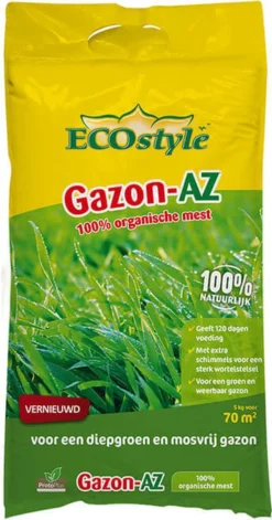 ECOstyle Gazon AZ Organische Gazonmest – Voor Diepgroen En Sterk Gazon – Geeft Tot 120 Dagen Voeding – Werkt Tegen Mos - 265 M² - 20 KG -Tuinwereld Verkoop 629x1200 1