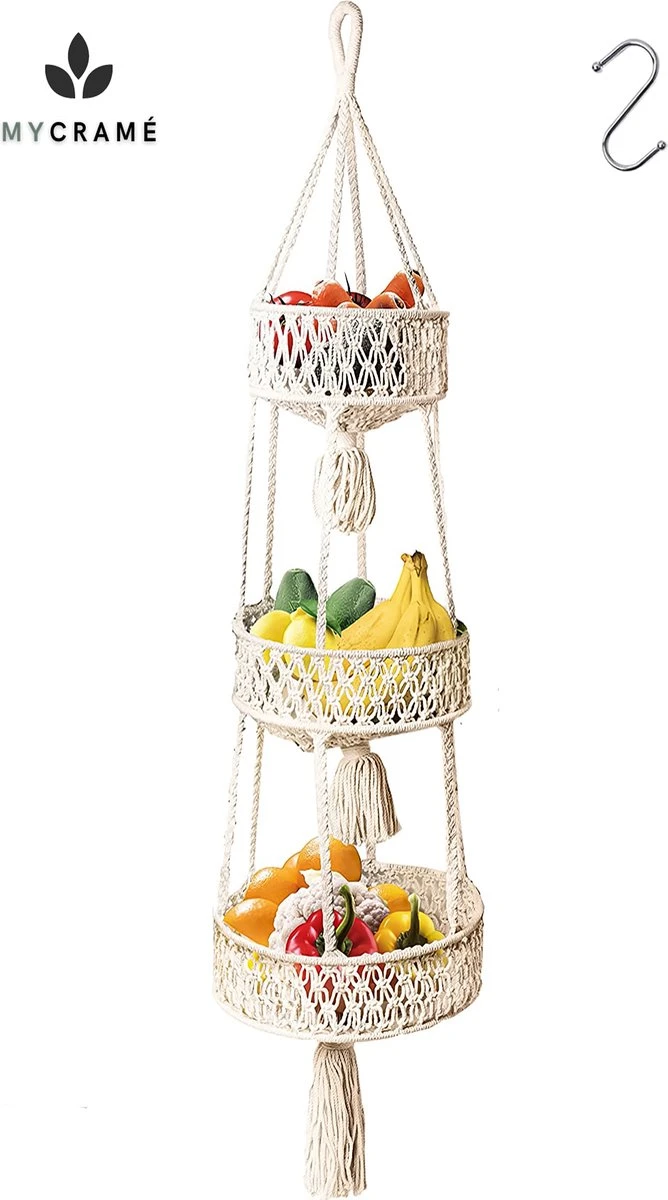 Macramé 3-Laags Hangende Fruitmand - Bohemian Mand Plantenhanger - Handgemaakt Katoen Touw Fruitschaal Hangmand - Boho Ophangbaar Etagere - Decoratieve Fruit Schaal/Basket - Opbergmand Organizer - Keuken/Balkon Decoratie - Hangpot Voor Binnen/Buiten 1 Macramé 3-Laags Hangende Fruitmand - Bohemian Mand Plantenhanger - Handgemaakt Katoen Touw Fruitschaal Hangmand - Boho Ophangbaar Etagere - Decoratieve Fruit Schaal/Basket - Opbergmand Organizer - Keuken/Balkon Decoratie - Hangpot Voor Binnen/Buiten