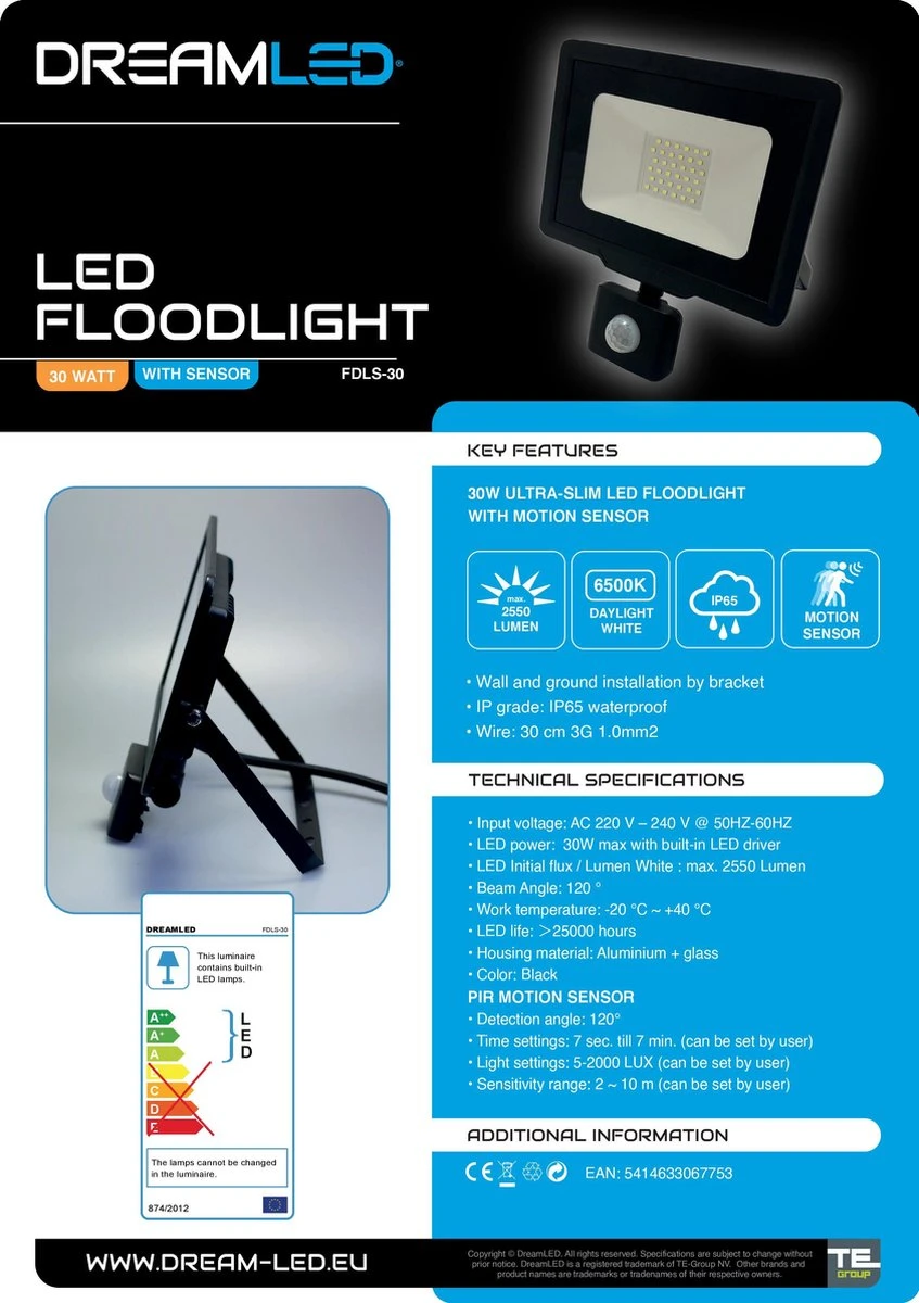 Dreamled LED Schijnwerper 30W Met Bewegingssensor 2 Dreamled LED Schijnwerper 30W Met Bewegingssensor - Afbeelding 2
