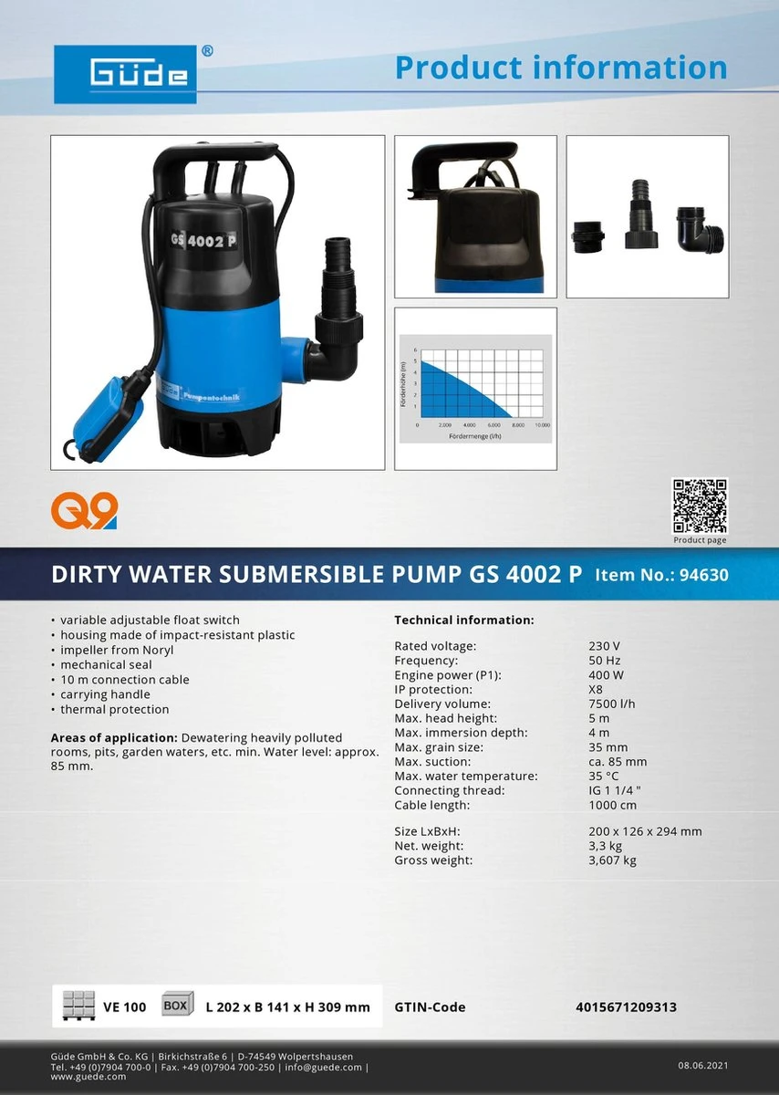 Güde Vuilwaterpomp 7500 L/h GS 4002 P - Dompelpomp - Waterpomp 2 Güde Vuilwaterpomp 7500 L/h GS 4002 P - Dompelpomp - Waterpomp - Afbeelding 2