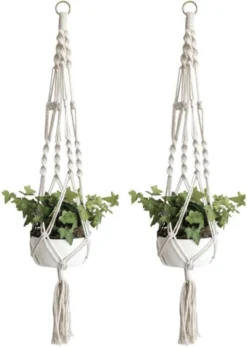 Merkloos Plantenhanger Macramé - Luxe Gevlochten Touw Katoen - 2 Stuks - Plantenpot Ophangen