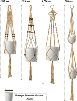 4 Stuks Luxe Jute Plantenhangers - Boho Handgeweven Katoen Hangpot Voor Binnen/Buiten - Hangende Bloempot Met Kralen - Macramé Touw/Koord Hangplant Houder - Bohemian Wandhanger Decoratie - Plant Hanger - Verticale Tuin Bloempothouder Planthanger -Tuinwereld Verkoop 913x1200 2